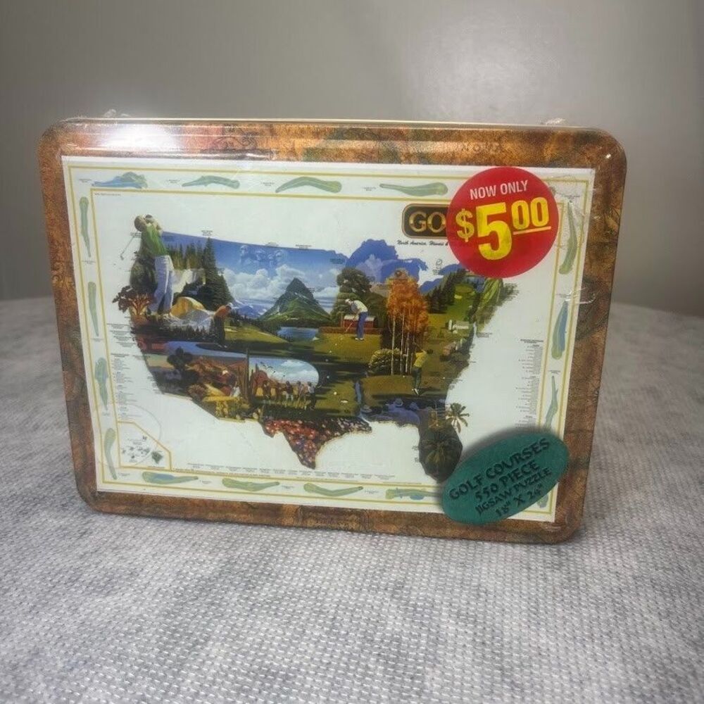 Vtg Golf Courses 550 Piece Jigsaw Puzzle 18x24 NEW & SEALED IN TIN Channel Craft